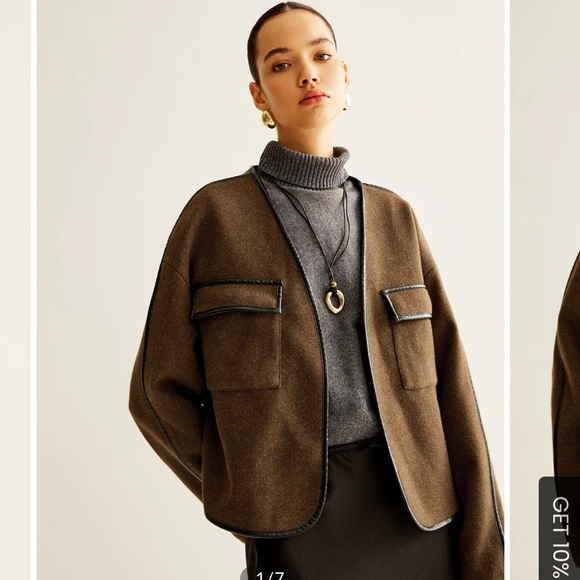 NEW Commense Contrast Trim Tweed Brown Black Trim Open Lightweight Coat, Medium - Picture 5 of 14